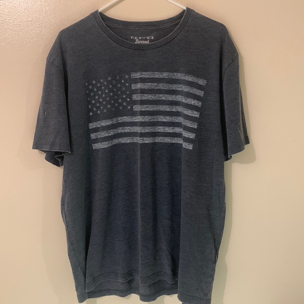 Lucky Brand Size XL Venice Burnout Tee in denim blue with American Flag in white